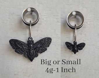 Black Luna Death Moth Skull Plug Hoop Gauges Tunnels Ear Earrings dangle 4g 2g 0g 00g 7/16 1/2 9/16 5/8 3/4 7/8 1 inch tunnels goth punk alt