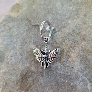 Belly Ring Death Moth Skull Goth Silver Hoop Clicker Ring 14g 16g Goth Punk Witchy steel navel button piercing jewelry alt earring charm