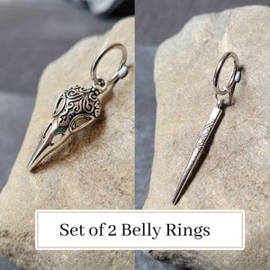 2 Belly Ring Raven Skull Wand Spike Silver Clicker Ring Hoop Goth Grunge Punk navel button piercing jewelry bird set 14g 16g steel crow