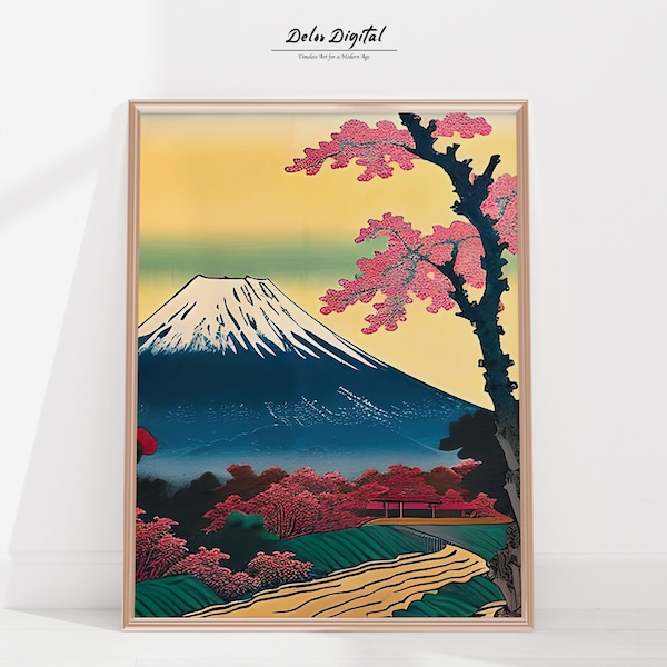 Vintage Era Japanese Art Reimagined Digital Wall Art | Japanese Woodblock Inspired | Mt. Fuji Mountain Field Landscape | PRINTABLE | JIA-003