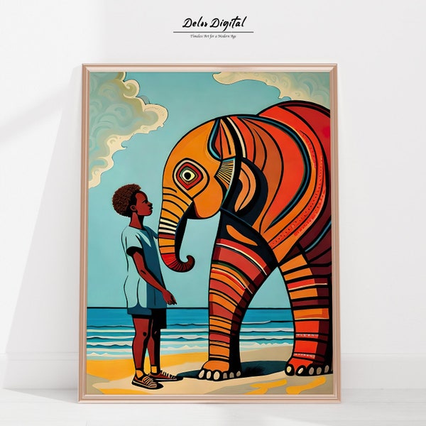 Child Holding Elephants Hand Wall Art, Children's Wall Art African Design, African Art, African Contemporary Wall Art Print | AAA-016