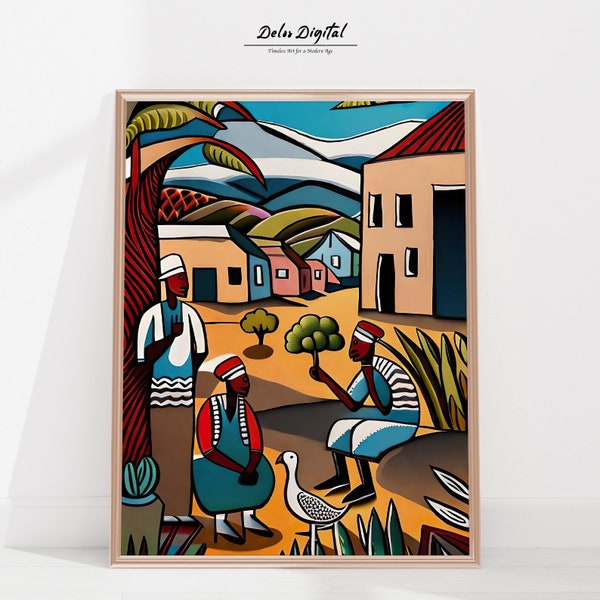 Art mural de paysage de village africain, Art mural pour enfants Design africain, Art africain, Impression d'art mural contemporain africain | AAA-018