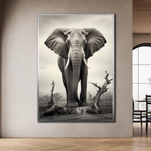 Elephant Canvas Art, Animal Wall Decor, Black White Framed Canvas art, Huge Elephant Poster, Home Wall Decoration, Elephant Print Art
