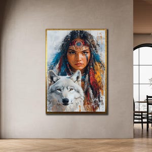 Wolf and Woman Canvas, Framed Woman Wall Art, Ethnic Prints Wall Decor, Home Decorative Canvas, Gift For Her, Warrior Girl Artwork