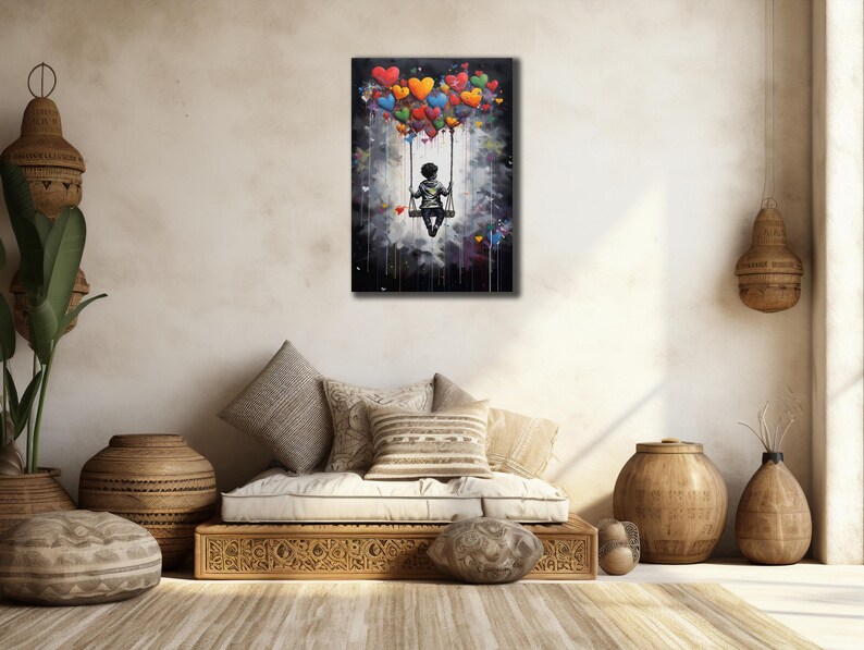 Toile Enfant Banksy sur une balançoire : impression graffiti ballon ...