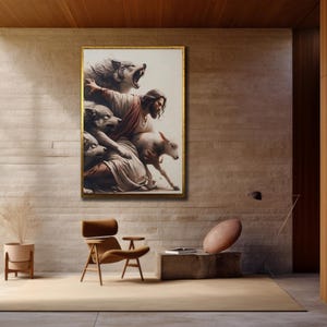 Peut inclure: Une &oelig;uvre d'art encadr&eacute;e repr&eacute;sente une sc&egrave;ne biblique avec une figure centrale entour&eacute;e de loups et d'un agneau. L'&oelig;uvre est expos&eacute;e dans un int&eacute;rieur moderne avec une chaise, une table d'appoint et une plante en pot. La palette de couleurs est neutre avec des tons chauds.