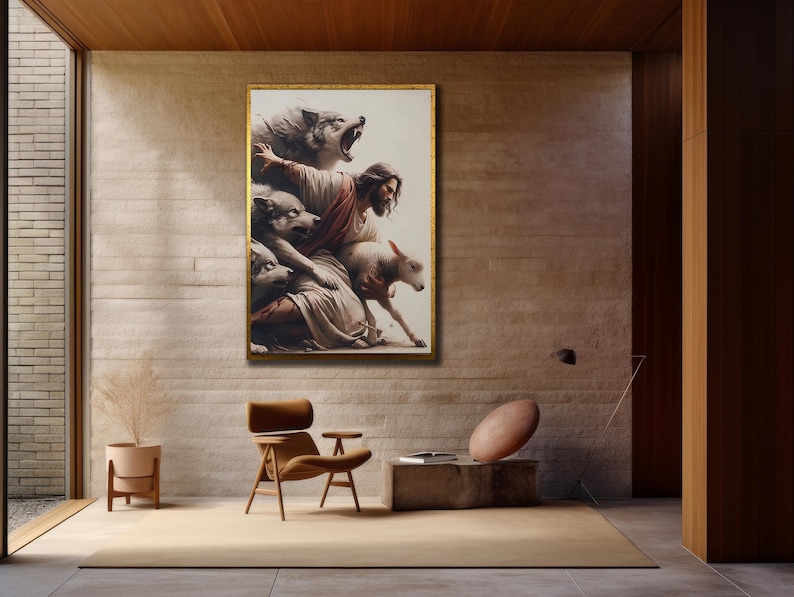 Peut inclure: Une &oelig;uvre d'art encadr&eacute;e repr&eacute;sente une sc&egrave;ne biblique avec une figure centrale entour&eacute;e de loups et d'un agneau. L'&oelig;uvre est expos&eacute;e dans un int&eacute;rieur moderne avec une chaise, une table d'appoint et une plante en pot. La palette de couleurs est neutre avec des tons chauds.