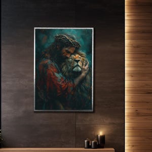 Jesus and Lion Framed Wall Decor, Jesus Canvas Print, Jesus Canvas Art, Religious Art, Christian Wall Decor, Art for Bedroom or Living Room