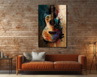 May include: Abstract painting of a guitar with splashes of blue, green, yellow, and orange paint. The guitar is the focal point of the painting and is surrounded by a colorful background.