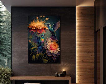 Arte de pared con estampado de colibrí y flores, arte en lienzo de pájaros, arte de pared moderno, decoración de pared para el hogar, regalo en lienzo, listo para colgar, arte de colibrí imprimible