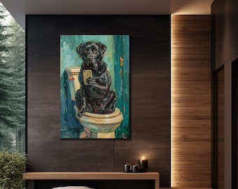 Dog Sitting in the Toilet Canvas Art, Animal Wall Decor, Funny Bathroom Art Poster, Print on Canvas, Funny Dog Portrait Wall Decor