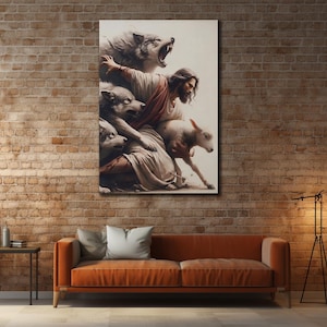 Peut inclure: Une impression sur toile repr&eacute;sentant une sc&egrave;ne religieuse avec une figure centrale entour&eacute;e de loups et d'un agneau. L'&oelig;uvre pr&eacute;sente une palette de couleurs chaudes avec un rendu d&eacute;taill&eacute; des figures et de leurs expressions. L'impression est affich&eacute;e sur un mur de briques.