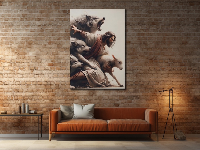 Peut inclure: Une impression sur toile repr&eacute;sentant une sc&egrave;ne religieuse avec une figure centrale entour&eacute;e de loups et d'un agneau. L'&oelig;uvre pr&eacute;sente une palette de couleurs chaudes avec un rendu d&eacute;taill&eacute; des figures et de leurs expressions. L'impression est affich&eacute;e sur un mur de briques.