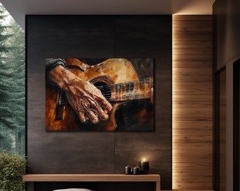 May include: A close-up of a hand playing an acoustic guitar. The guitar is brown with a natural wood finish. The hand is weathered and shows the signs of age. The image is painted in a realistic style.