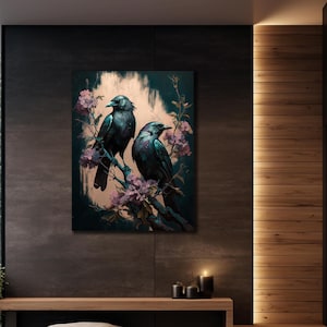 Gothic Raven Canvas Print, Crow Wall Decor, Full Moon Wall Art, Farmhouse Large, Forest Bird Canvas, Animal Canvas Print, Trendy Wall Art