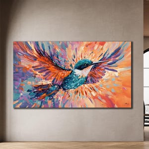 Arte murale con uccelli colorati, dipinti su tela con uccelli, decorazioni con colibrì, regalo su tela, pronto da appendere, stampabile con colibrì, regalo squisito