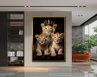 Lienzo de familia de leones: Impresión de un cachorro de león rey, decoración para dormitorio
