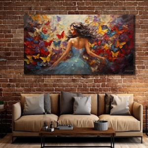 Butterfly Woman Canvas Print, Girl Wall Art, Woman with Butterflies Wall Decor,Home Gift Canvas, Lady Oil Painting,Butterfly Canvas Colorful
