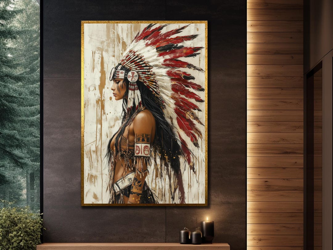 Native American Woman With Feather Headdress, Framed Canvas Wall Art - Etsy
