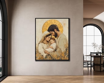 Holy Family Digital Art Print, Framed Religious Wall Decor, Spiritual Christian Artwork, Blessings of Mary and Joseph, Peaceful Love
