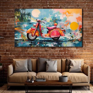 Stampa su tela Vespa vintage, arte murale boho, tela artistica da parete retrò chic, decorazione murale romantica con scooter, decorazione murale per la casa, regalo per gli amanti della Vespa