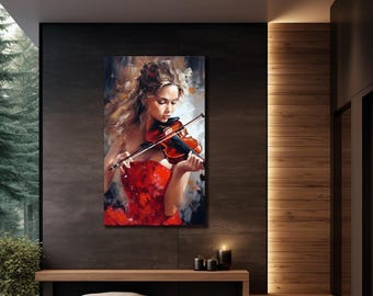 ヴァイオリンを弾く少女の抽象油絵：音楽ウォールアート（デジタル
