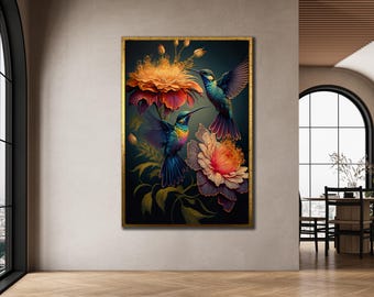 Hummingbird&Flower Print Wall Art, Birds Canvas Art,Framed Wall Art, Home Wall Decor, Canvas Gift, Ready To Hang, Hummingbird Art Printable