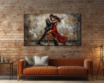 May include: A painting of a couple dancing, the man in a dark suit and the woman in a red dress. The background is a textured, abstract design.
