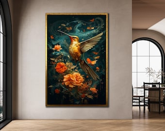 Hummingbird&Flower Print Wall Art, Birds Canvas Art,Framed Wall Art, Home Wall Decor, Canvas Gift, Ready To Hang, Hummingbird Art Printable