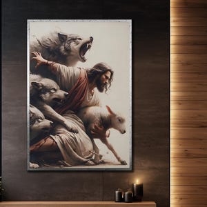 Peut inclure: Une &oelig;uvre d'art encadr&eacute;e repr&eacute;sente une figure en robes, entour&eacute;e de loups et d'un agneau. La figure centrale, avec de longs cheveux et une barbe, semble prot&eacute;ger l'agneau des loups grognants. L'&oelig;uvre a une palette de couleurs neutres.