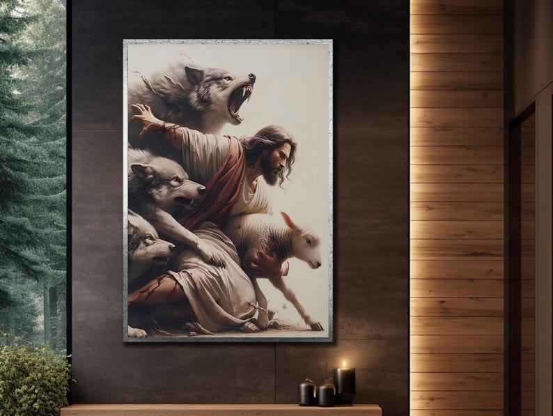 Peut inclure: Une &oelig;uvre d'art encadr&eacute;e repr&eacute;sente une figure en robes, entour&eacute;e de loups et d'un agneau. La figure centrale, avec de longs cheveux et une barbe, semble prot&eacute;ger l'agneau des loups grognants. L'&oelig;uvre a une palette de couleurs neutres.