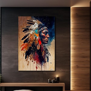 May include: A watercolour painting of a Native American man wearing a colourful headdress. The painting is done in a realistic style and features splashes of colour.