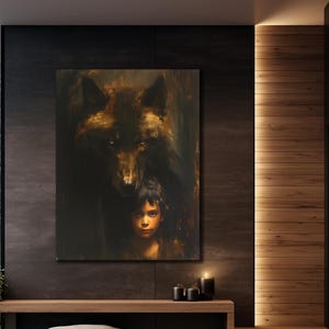 Wolf And Woman Canvas Print, Wolf Wall Decor, Woman Wall Art, Farmhouse Large, Forest Wolf canvas, Animal Canvas Print, Animal Canvas Art