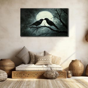 Gothic Raven Canvas Print, Crow Wall Decor, Full Moon Wall Art, Farmhouse Large, Forest Bird Canvas, Animal Canvas Print, Trendy Wall Art