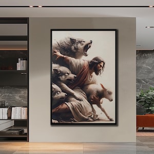 Peut inclure: Une &oelig;uvre d'art encadr&eacute;e repr&eacute;sente une sc&egrave;ne biblique avec une figure centrale en robes, entour&eacute;e de loups et d'un agneau. L'&oelig;uvre a une palette de couleurs neutres avec un cadre noir, adapt&eacute;e &agrave; la d&eacute;coration int&eacute;rieure.