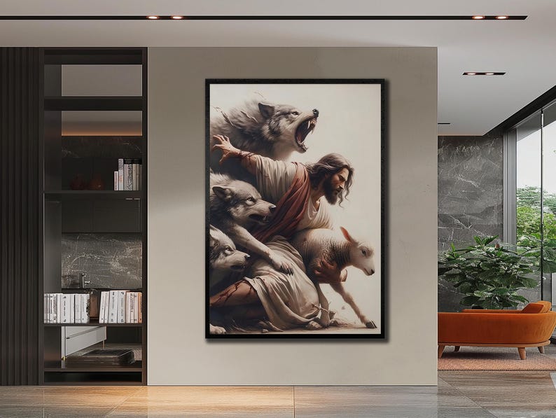 Peut inclure: Une &oelig;uvre d'art encadr&eacute;e repr&eacute;sente une sc&egrave;ne biblique avec une figure centrale en robes, entour&eacute;e de loups et d'un agneau. L'&oelig;uvre a une palette de couleurs neutres avec un cadre noir, adapt&eacute;e &agrave; la d&eacute;coration int&eacute;rieure.