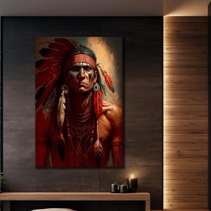 Könnte beinhalten: Ein Gemälde eines indianischen Mannes, der einen roten und weißen Kopfschmuck mit Federn trägt. Er hat einen ernsten Gesichtsausdruck und trägt eine Perlenkette. Der Hintergrund ist unscharf in Braun und Weiß.