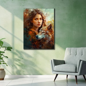Wolf And Woman Canvas Print, Wolf Wall Decor, Woman Wall Art, Farmhouse Large, Forest Wolf canvas, Animal Canvas Print, Trendy Wall Art