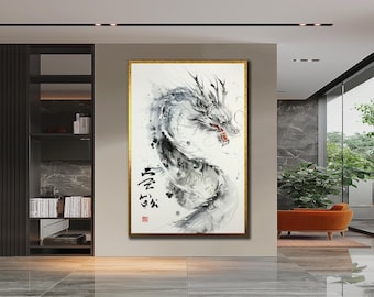 Arte em tela de dragão chinês: decoração de parede oriental emoldurada