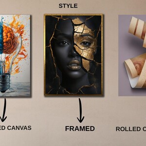 Peut inclure: L'image pr&eacute;sente trois styles d'impression d'art : toile tendue, encadr&eacute;e et toile roul&eacute;e. La toile tendue pr&eacute;sente un motif d'ampoule avec un cerveau divis&eacute; en moiti&eacute;s bleues et oranges. L'art encadr&eacute; est un portrait de femme avec des accents dor&eacute;s. La toile roul&eacute;e affiche un motif floral.