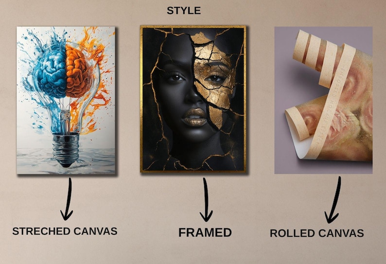 Peut inclure: L'image pr&eacute;sente trois styles d'impression d'art : toile tendue, encadr&eacute;e et toile roul&eacute;e. La toile tendue pr&eacute;sente un motif d'ampoule avec un cerveau divis&eacute; en moiti&eacute;s bleues et oranges. L'art encadr&eacute; est un portrait de femme avec des accents dor&eacute;s. La toile roul&eacute;e affiche un motif floral.