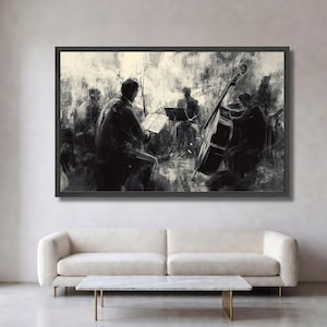 Abstracte canvas kunst met jazzkwartet, zwart-wit wanddecoratie met muzikanten.