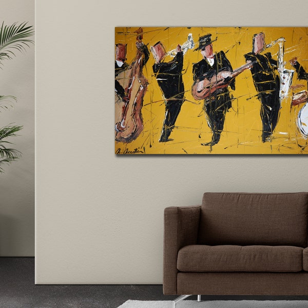 Jazz Band Leinwanddruck, Musik Wanddekor, Dekoration, fertig zum Aufhängen, Instrumente Jazz Leinwand Gemälde, Musikalisches Poster, GEROLLTE Leinwand