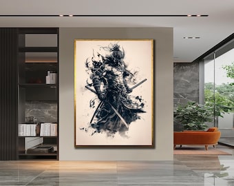 May include: A framed artwork depicting a warrior in a dynamic pose, rendered in shades of black and white with a splash effect. The warrior is holding two swords. The frame is gold-colored, adding a touch of elegance to the artwork.
