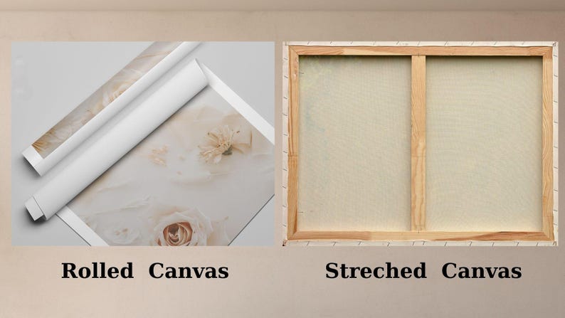 Peut inclure: L'image pr&eacute;sente deux options de toile : enroul&eacute;e et tendue. La toile enroul&eacute;e montre une impression florale, partiellement enroul&eacute;e. La toile tendue est mont&eacute;e sur un cadre en bois, pr&ecirc;te &agrave; &ecirc;tre accroch&eacute;e. Le texte indique "Rolled Canvas" et "Stretched Canvas".