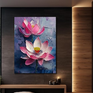 Wildflower Canvas Wall Art, Colourful Flower Canvas Print, Boho Wall Decor, Canvas Gift, Ready To Hang, Lotus Painting, Pink Lotus Artwork
