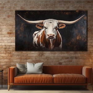 Tela artistica con mucca Longhorn, decorazione murale con mucca, stampa su tela con mucca Longhorn del Texas, poster su tela vintage con mucca, decorazione astratta con animali, fattoria stampata su tela
