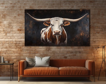 Texas Longhorn Cow Canvas Art: Vintage Farmhouse Decor