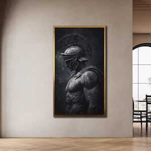 Epic Spartan Warrior Canvas Painting, Ancient Greek Helmet Wall Art, Black Roman Style Home Decor, Masculine Office Canvas, Unique Gift