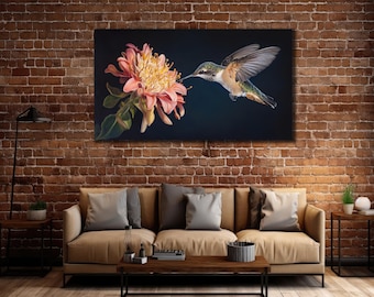 Hummingbird and Flower Canvas Art Print: Modern Home Wall Decor